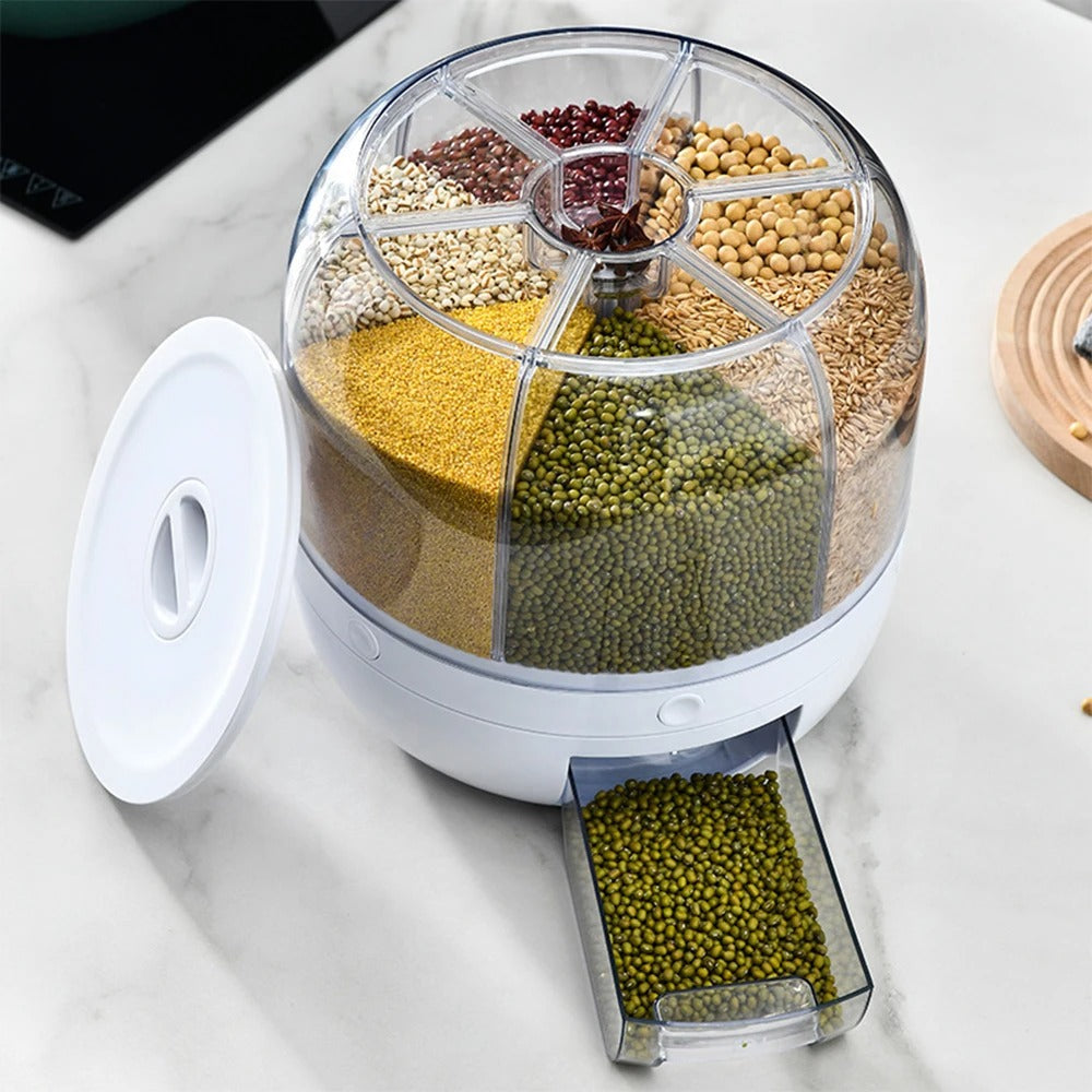 360 Rotating Food Container Storage β a space-saving, airtight rotating food dispenser with multiple compartments for organized kitchen storage. Features a 360-degree rotating design for easy access and a built-in dispenser for mess-free pouring.