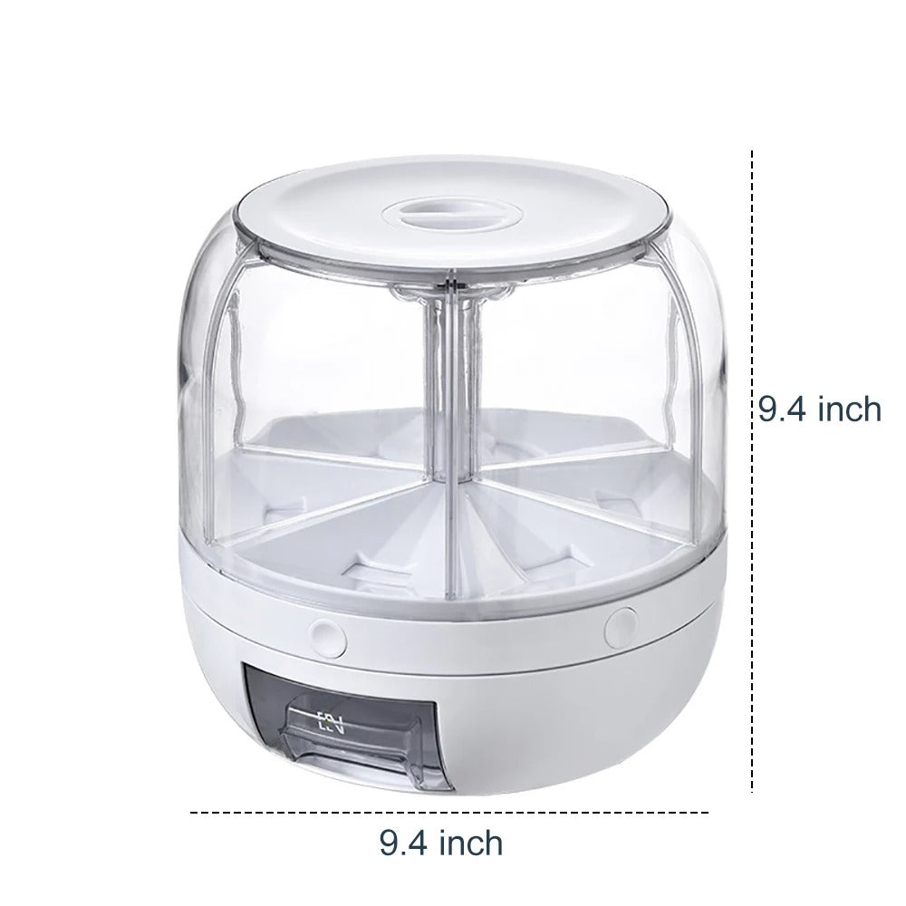 360 Rotating Food Container Storage β a space-saving, airtight rotating food dispenser with multiple compartments for organized kitchen storage. Features a 360-degree rotating design for easy access and a built-in dispenser for mess-free pouring.