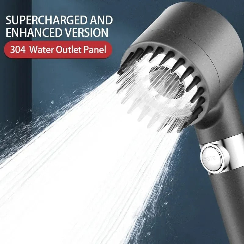 Adjustable High-pressure Shower Head – a powerful, customizable shower head with three modes (Rainfall, Massage, Jetting) for a spa-like experience. Features a water-saving filter, stop button, and easy installation for enhanced shower performance.