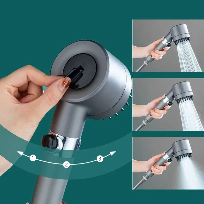 Adjustable High-pressure Shower Head – a powerful, customizable shower head with three modes (Rainfall, Massage, Jetting) for a spa-like experience. Features a water-saving filter, stop button, and easy installation for enhanced shower performance.