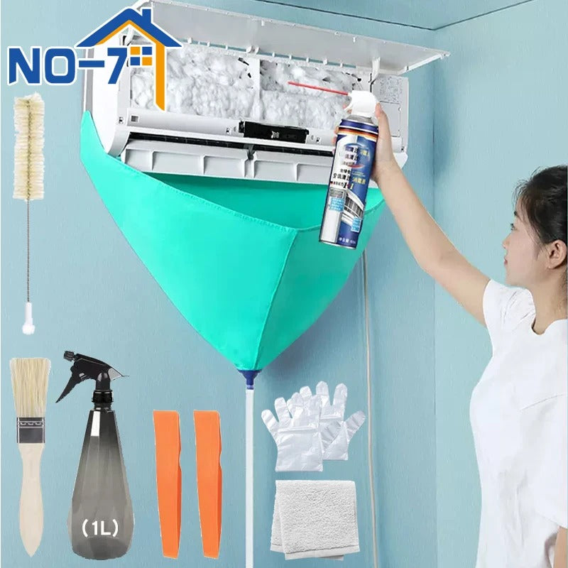 Air Conditioner Cleaning Kit XT β a complete air conditioner cleaning tool with a leak-proof cover, drainage hose, brushes, and spray nozzle. Designed for deep cleaning AC units, preventing spills, and ensuring efficient maintenance for extended lifespan and performance.