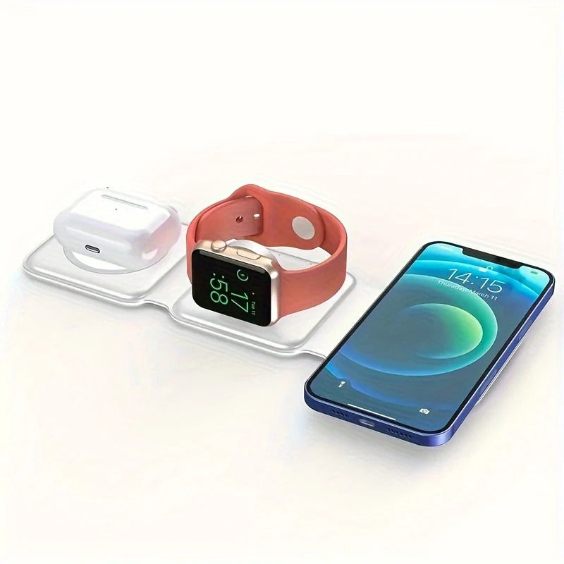 3-IN-1 Wireless Charger β a fast-charging, foldable dock station for smartphones, smartwatches, and wireless earbuds. Sleek, compact, and portable design with advanced charging technology for efficient and safe power. The best 3-in-1 wireless charger for home, office, and travel.