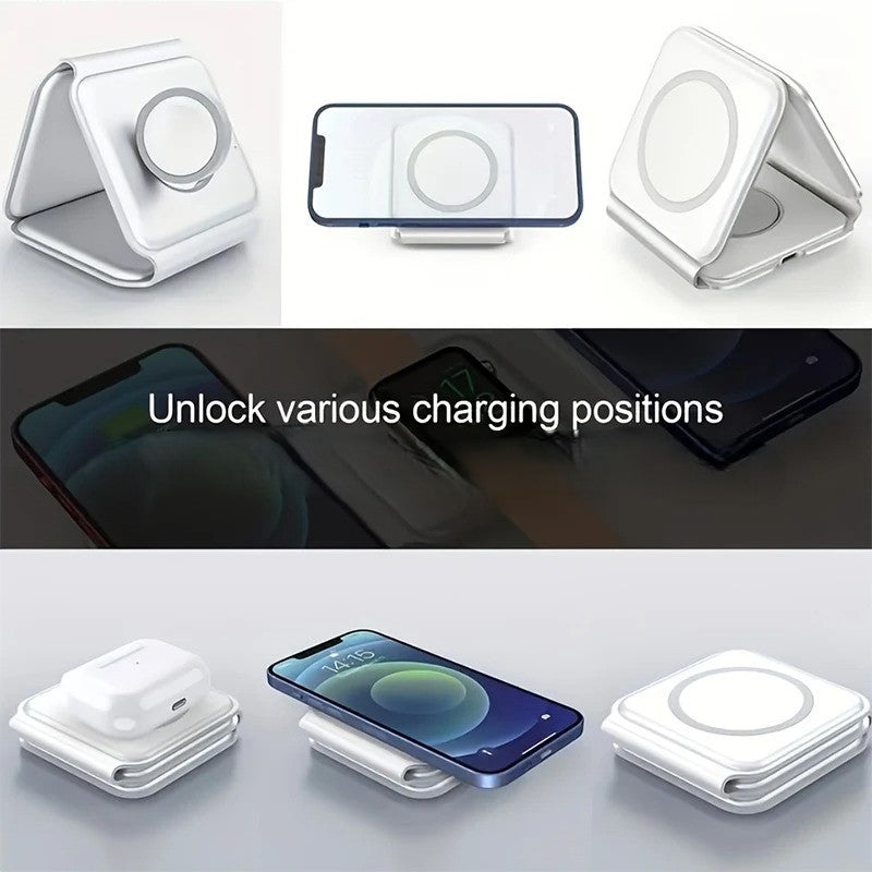3-IN-1 Wireless Charger β a fast-charging, foldable dock station for smartphones, smartwatches, and wireless earbuds. Sleek, compact, and portable design with advanced charging technology for efficient and safe power. The best 3-in-1 wireless charger for home, office, and travel.