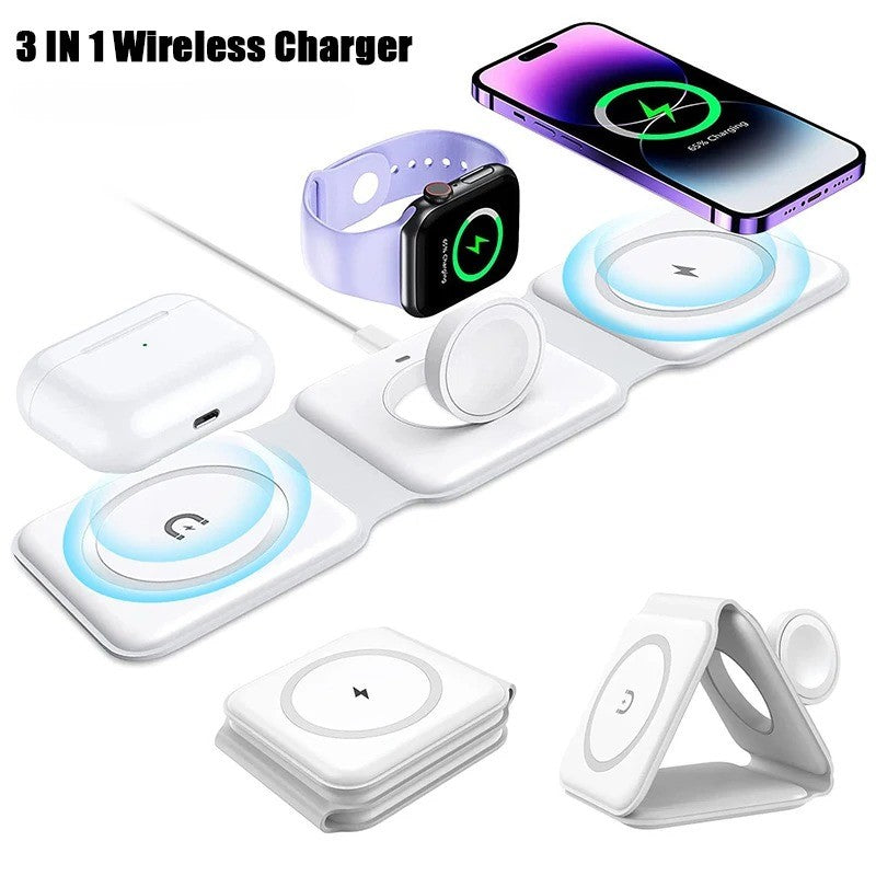 3-IN-1 Wireless Charger β a fast-charging, foldable dock station for smartphones, smartwatches, and wireless earbuds. Sleek, compact, and portable design with advanced charging technology for efficient and safe power. The best 3-in-1 wireless charger for home, office, and travel.