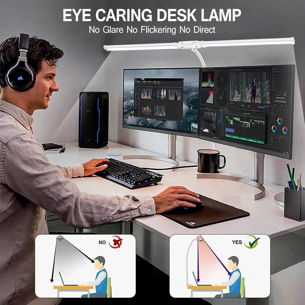 LED Double Headed Desk Lamp β a modern, energy-efficient double head desk lamp with adjustable brightness and color temperature. Features flexible arms for customizable positioning and glare-free illumination, perfect for work, reading, or multitasking.