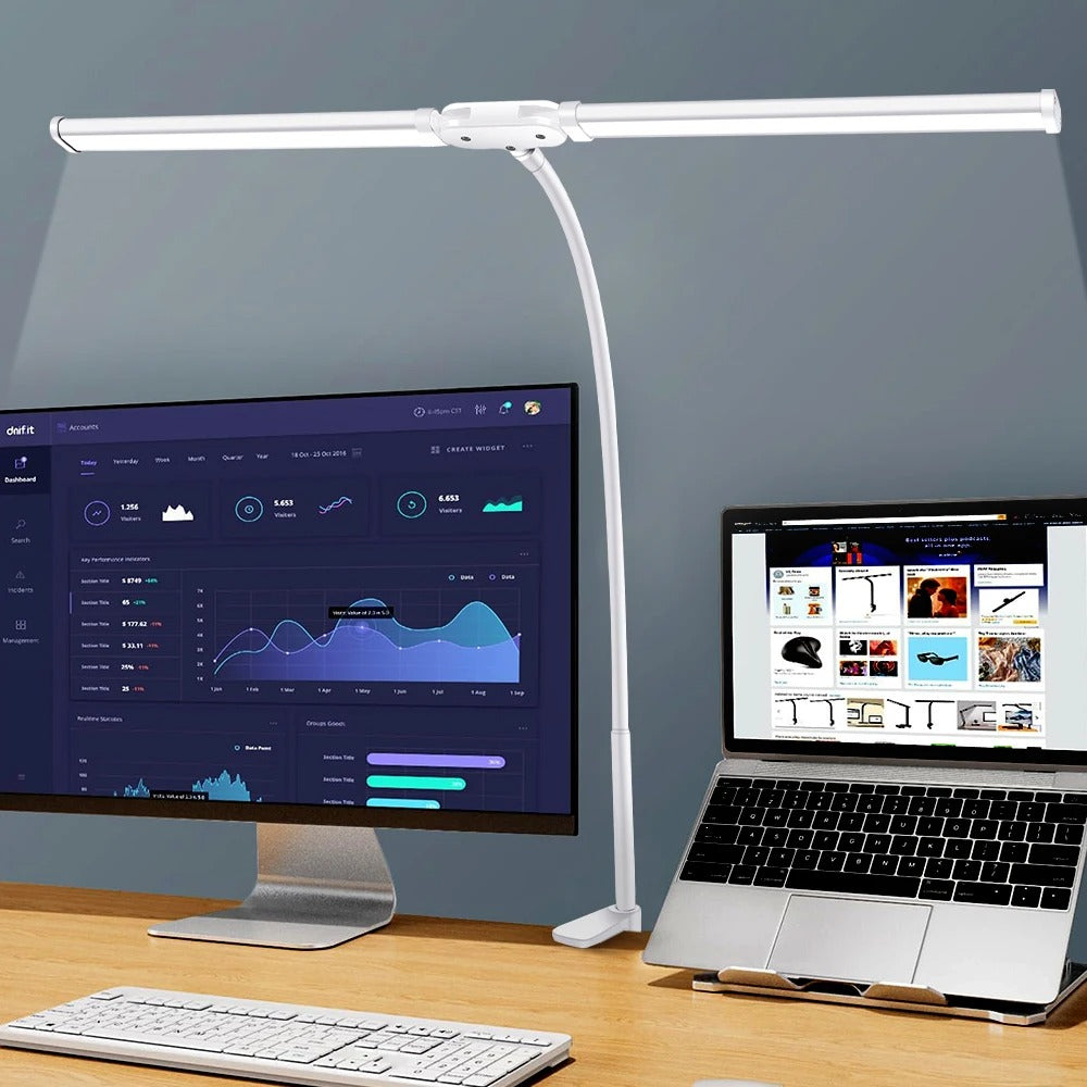 LED Double Headed Desk Lamp β a modern, energy-efficient double head desk lamp with adjustable brightness and color temperature. Features flexible arms for customizable positioning and glare-free illumination, perfect for work, reading, or multitasking.
