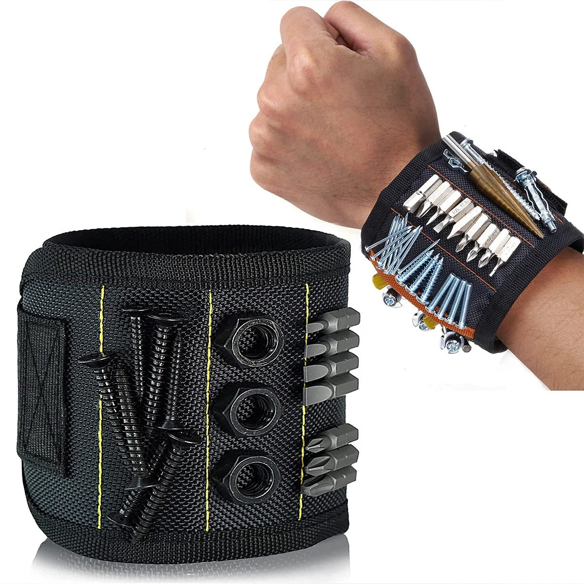 Magnetic Wristband Tool Holder – a durable, lightweight magnetic wrist tool holder with 15 powerful magnets to securely hold screws, nails, and drill bits. Designed for comfort with an adjustable Velcro strap, making it the best magnetic tool wristband for DIY, construction, and home repairs.