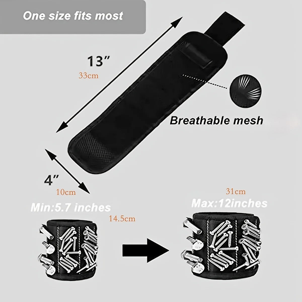Magnetic Wristband Tool Holder – a durable, lightweight magnetic wrist tool holder with 15 powerful magnets to securely hold screws, nails, and drill bits. Designed for comfort with an adjustable Velcro strap, making it the best magnetic tool wristband for DIY, construction, and home repairs.