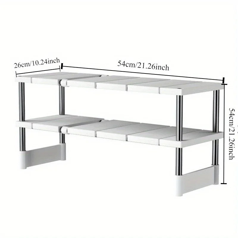 Stainless Steel Kitchen Storage Rack β a durable, rust-resistant stainless steel kitchen storage rack shelf designed for countertops or under-sink organization. Features an expandable, adjustable design with non-slip rubber feet for stability, perfect for maximizing kitchen storage space.