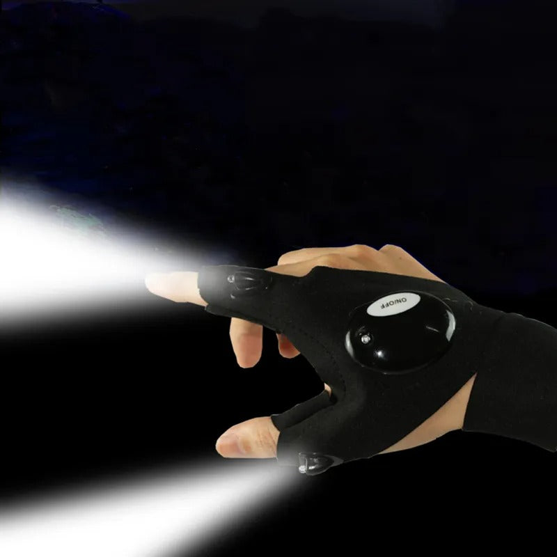 Waterproof Gloves with LED Flashlight – durable, moisture-resistant gloves with built-in LED lights on the index finger and thumb for hands-free illumination. Ideal for outdoor activities, night fishing, camping, and repairs. Adjustable wrist strap for a secure, comfortable fit.