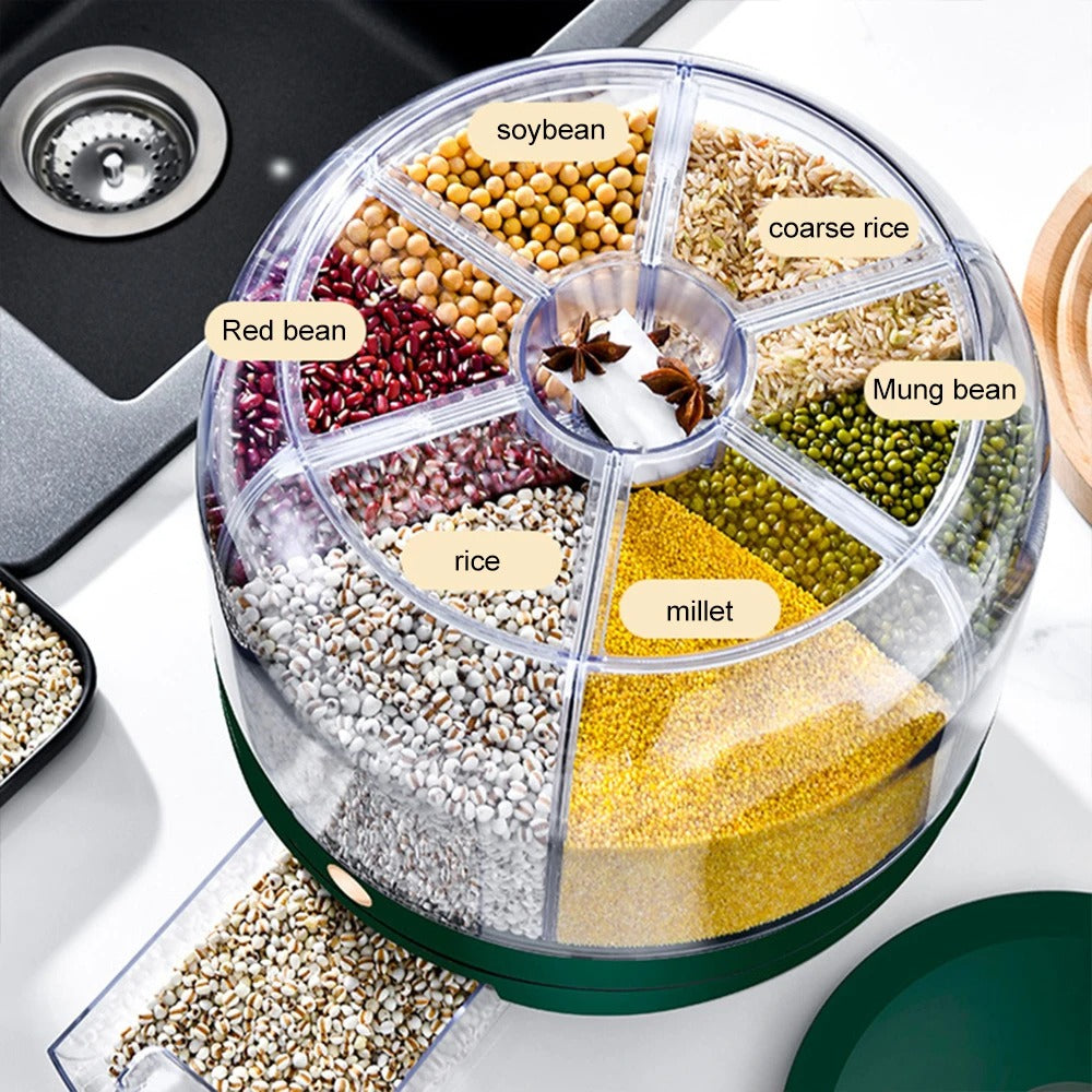 360 Rotating Food Container Storage – a space-saving, airtight rotating food dispenser with multiple compartments for organized kitchen storage. Features a 360-degree rotating design for easy access and a built-in dispenser for mess-free pouring.