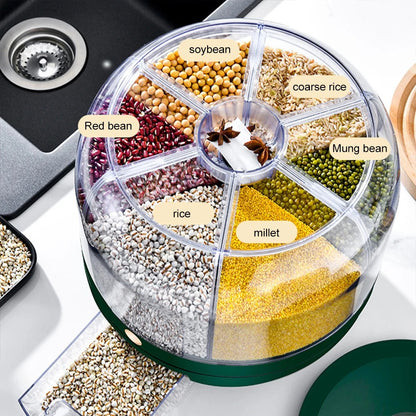 360 Rotating Food Container Storage – a space-saving, airtight rotating food dispenser with multiple compartments for organized kitchen storage. Features a 360-degree rotating design for easy access and a built-in dispenser for mess-free pouring.