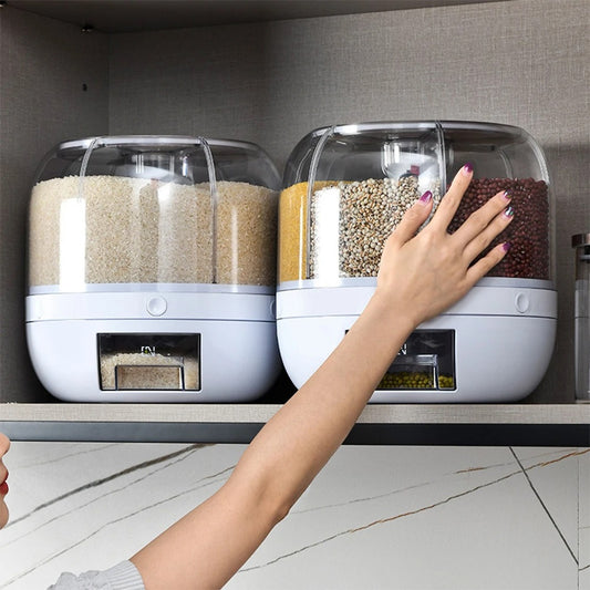 360 Rotating Food Container Storage – a space-saving, airtight rotating food dispenser with multiple compartments for organized kitchen storage. Features a 360-degree rotating design for easy access and a built-in dispenser for mess-free pouring.