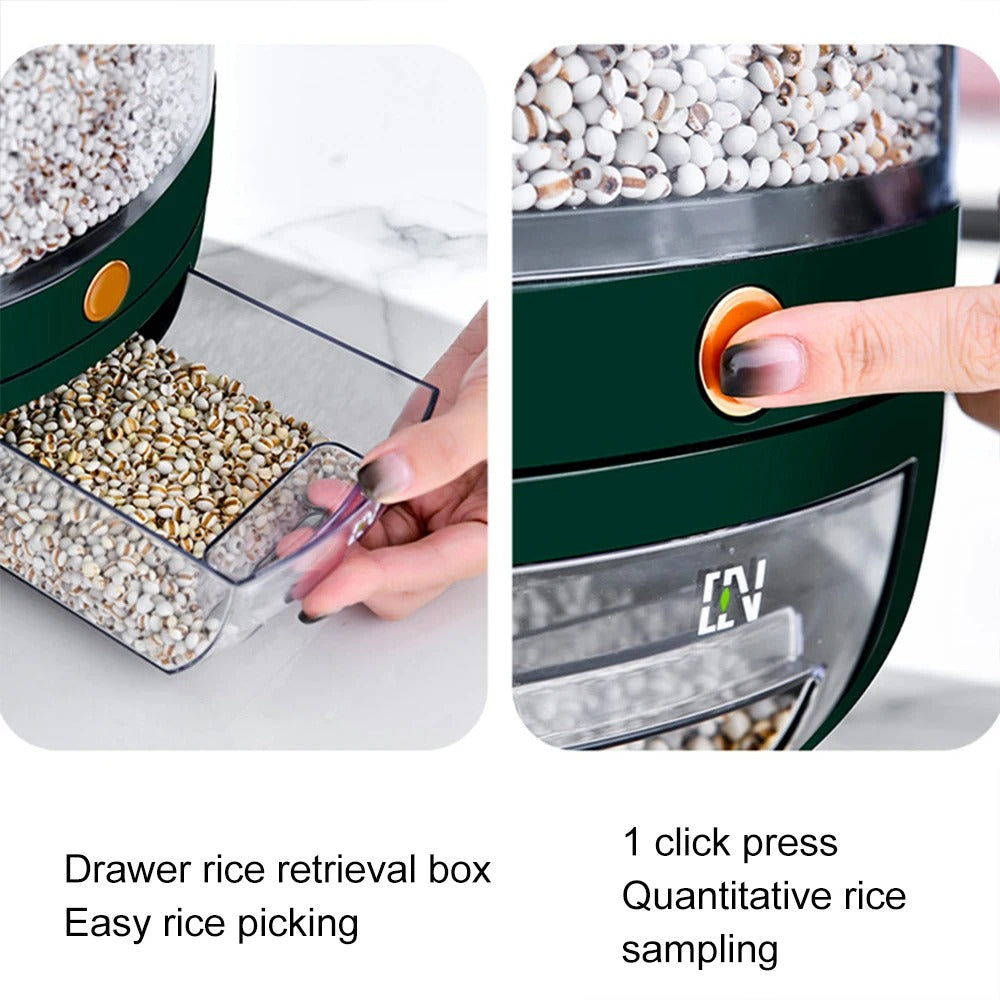 360 Rotating Food Container Storage – a space-saving, airtight rotating food dispenser with multiple compartments for organized kitchen storage. Features a 360-degree rotating design for easy access and a built-in dispenser for mess-free pouring.