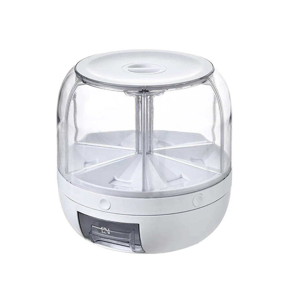 360 Rotating Food Container Storage – a space-saving, airtight rotating food dispenser with multiple compartments for organized kitchen storage. Features a 360-degree rotating design for easy access and a built-in dispenser for mess-free pouring.