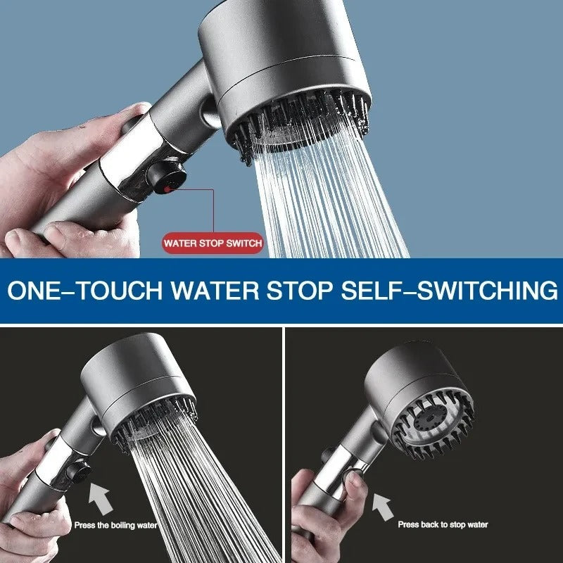 Adjustable High-pressure Shower Head – a powerful, customizable shower head with three modes (Rainfall, Massage, Jetting) for a spa-like experience. Features a water-saving filter, stop button, and easy installation for enhanced shower performance.