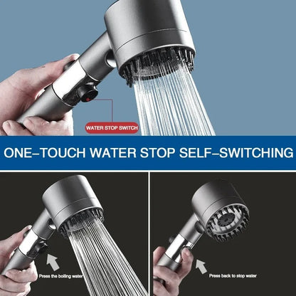 Adjustable High-pressure Shower Head – a powerful, customizable shower head with three modes (Rainfall, Massage, Jetting) for a spa-like experience. Features a water-saving filter, stop button, and easy installation for enhanced shower performance.