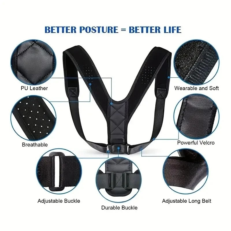  Adjustable Posture Corrector Belt – a unisex, breathable back support belt designed to improve posture and reduce muscle strain. Adjustable straps ensure a secure fit for waist and upper back support, ideal for daily wear and long hours of sitting or standing.