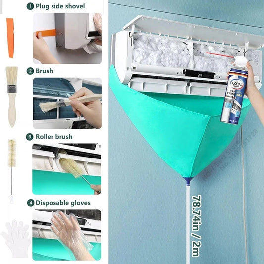 Air Conditioner Cleaning Kit XT – a complete air conditioner cleaning tool with a leak-proof cover, drainage hose, brushes, and spray nozzle. Designed for deep cleaning AC units, preventing spills, and ensuring efficient maintenance for extended lifespan and performance.