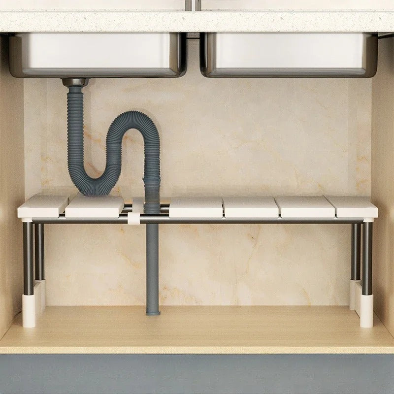  Stainless Steel Kitchen Storage Rack – a durable, rust-resistant stainless steel kitchen storage rack shelf designed for countertops or under-sink organization. Features an expandable, adjustable design with non-slip rubber feet for stability, perfect for maximizing kitchen storage space.