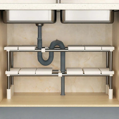  Stainless Steel Kitchen Storage Rack – a durable, rust-resistant stainless steel kitchen storage rack shelf designed for countertops or under-sink organization. Features an expandable, adjustable design with non-slip rubber feet for stability, perfect for maximizing kitchen storage space.